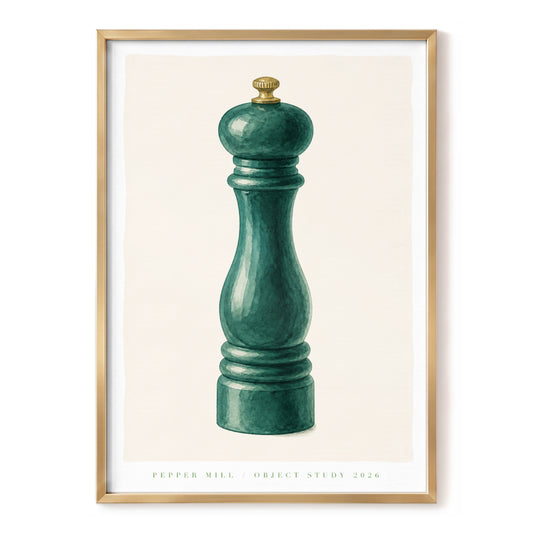 Emerald Pepper Mill, green, beige, gold minimalist wall art, front artwork view