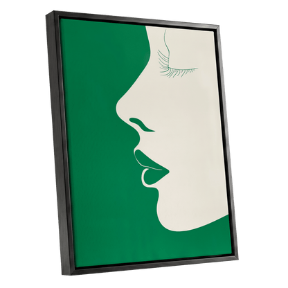Emerald Profile, green, beige minimalist wall art shown as a black framed canvas wall art