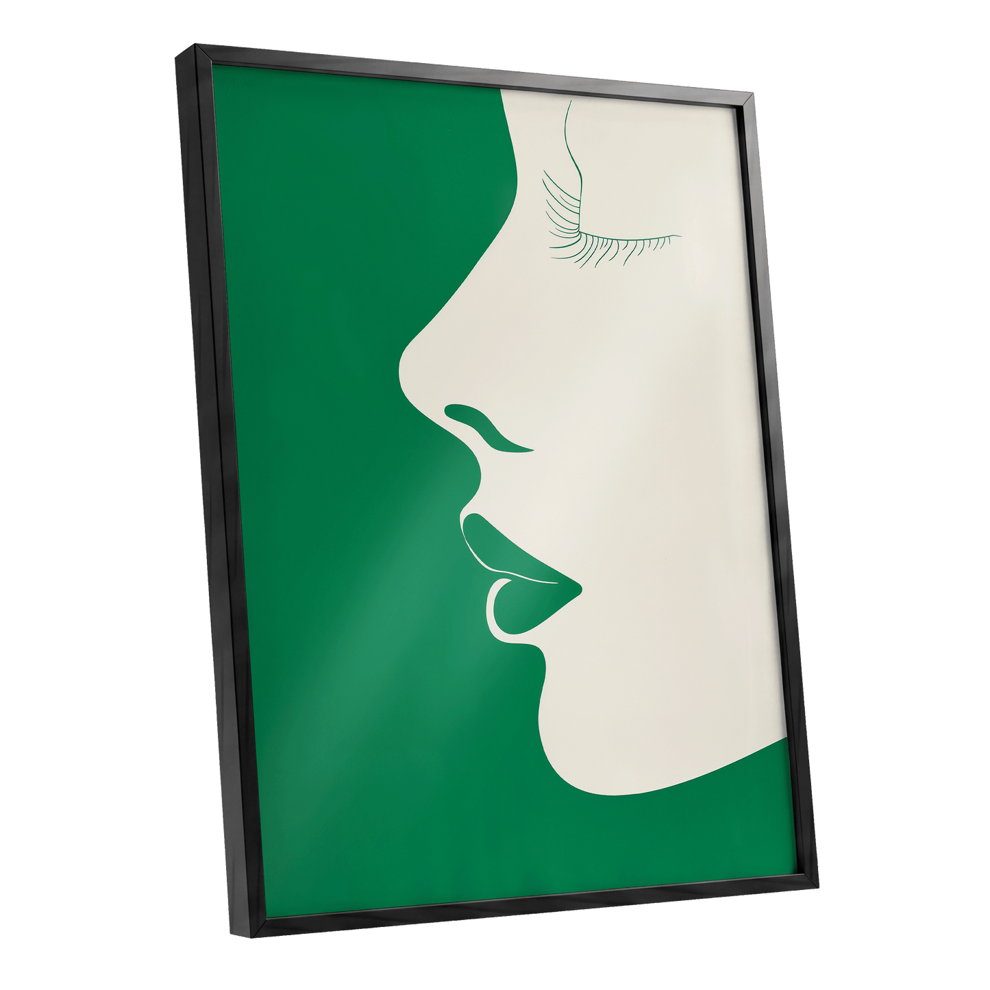 Emerald Profile, green, beige minimalist wall art shown as a black framed poster wall art print