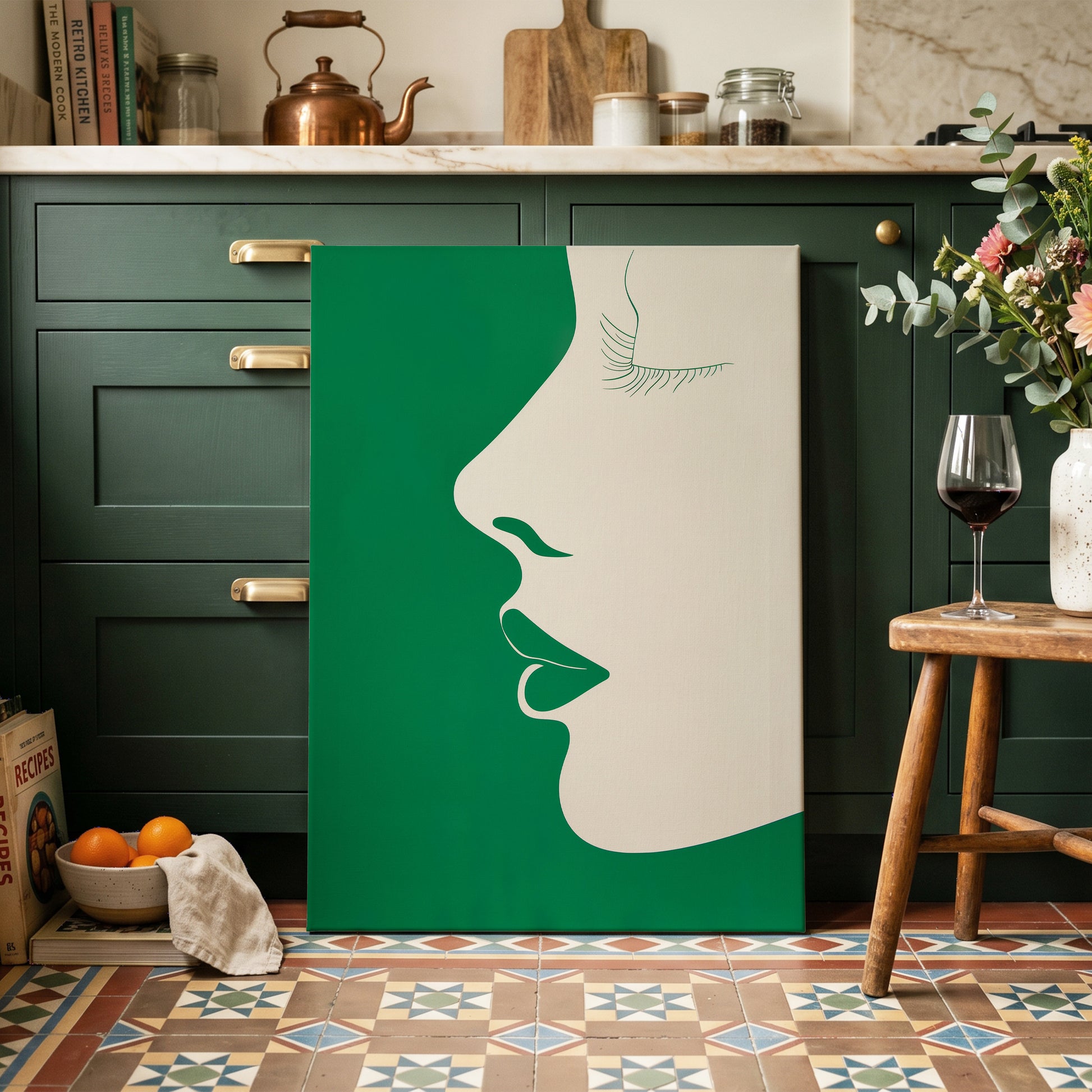 Emerald Profile, green, beige minimalist wall art on canvas displayed in a styled interior, gallery view 1