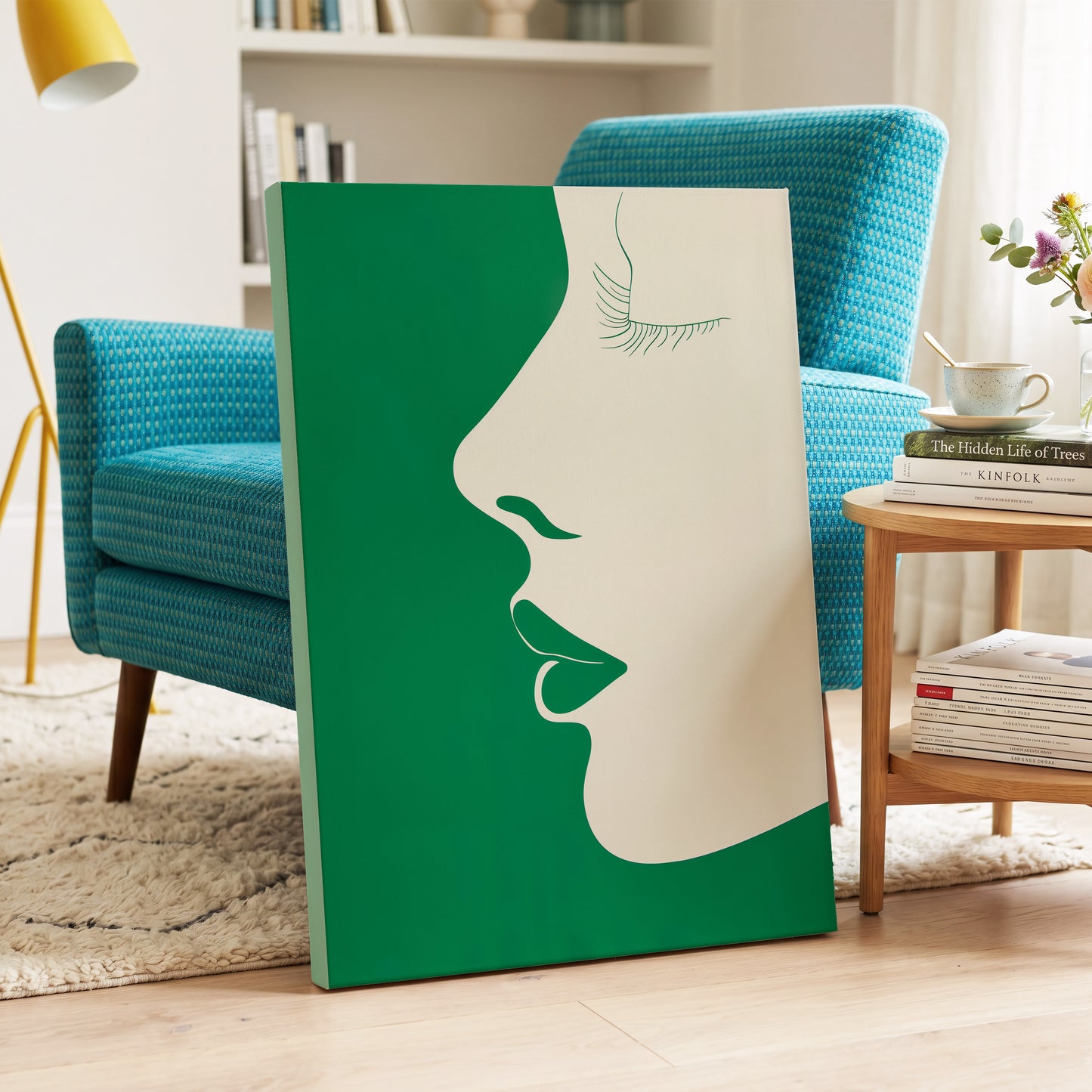 Emerald Profile, green, beige minimalist wall art on canvas displayed in a styled interior, gallery view 2