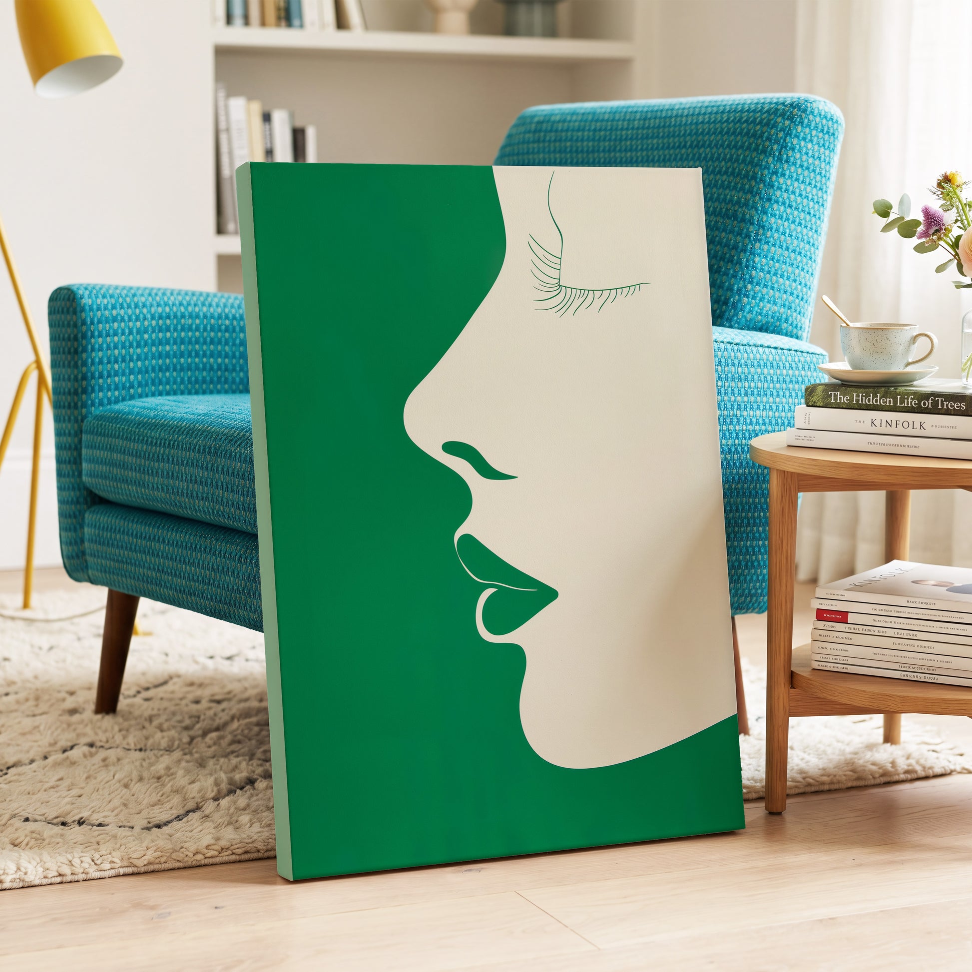Emerald Profile, green, beige minimalist wall art on canvas displayed in a styled interior, gallery view 2