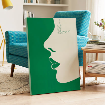 Emerald Profile, green, beige minimalist wall art on canvas displayed in a styled interior, gallery view 2