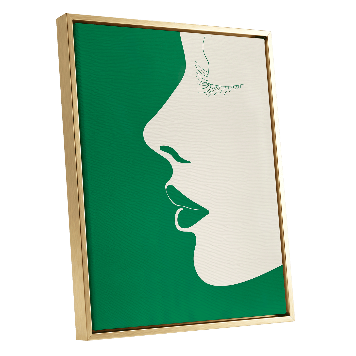 Emerald Profile, green, beige minimalist wall art shown as a gold framed canvas wall art