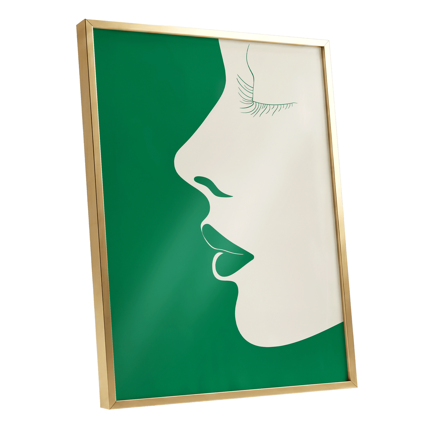 Emerald Profile, green, beige minimalist wall art shown as a gold framed poster wall art print