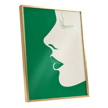 Emerald Profile, green, beige minimalist wall art shown as a gold framed poster wall art print