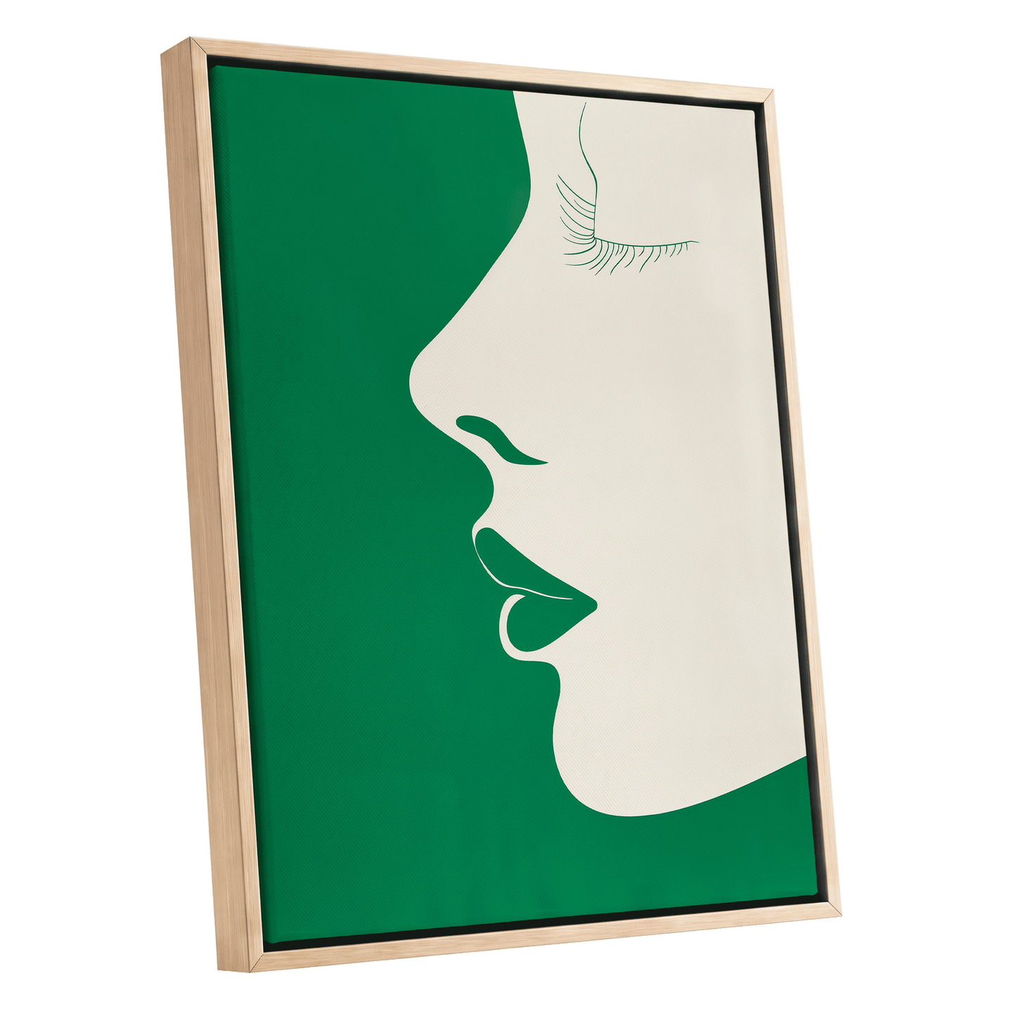 Emerald Profile, green, beige minimalist wall art shown as a oak framed canvas wall art