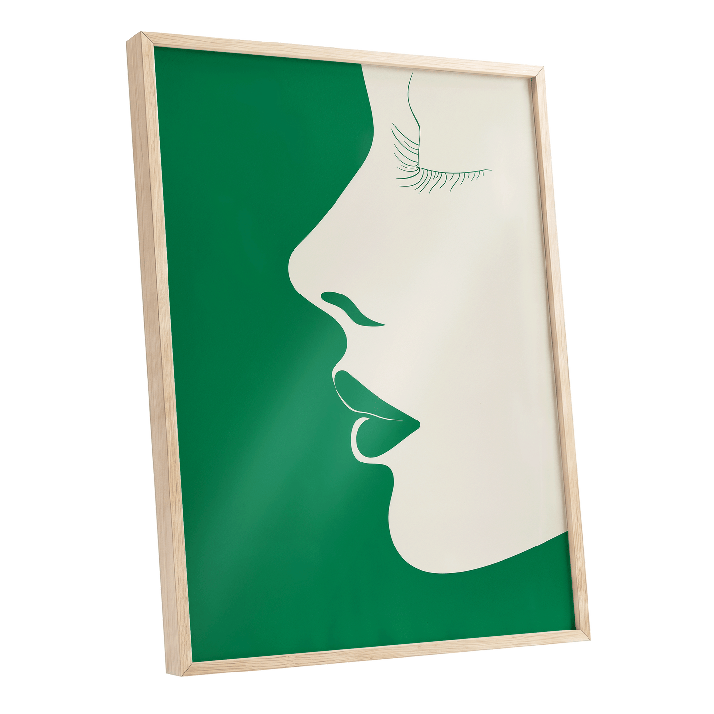 Emerald Profile, green, beige minimalist wall art shown as a oak framed poster wall art print
