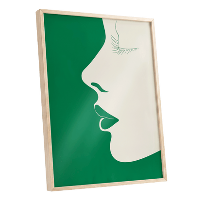 Emerald Profile, green, beige minimalist wall art shown as a oak framed poster wall art print