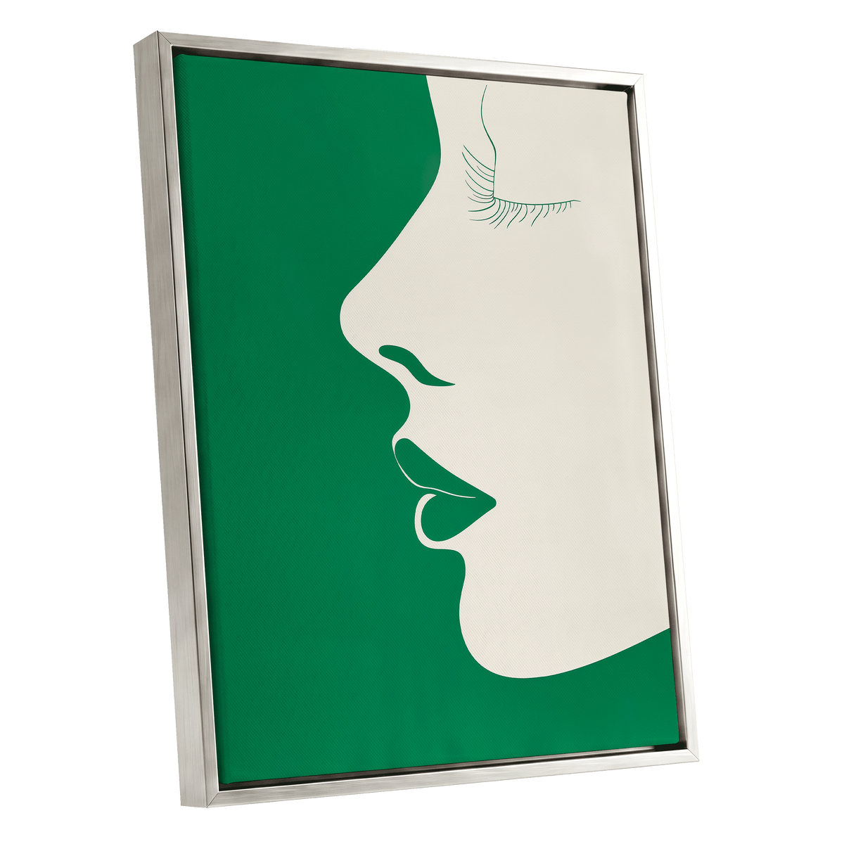 Emerald Profile, green, beige minimalist wall art shown as a silver framed canvas wall art
