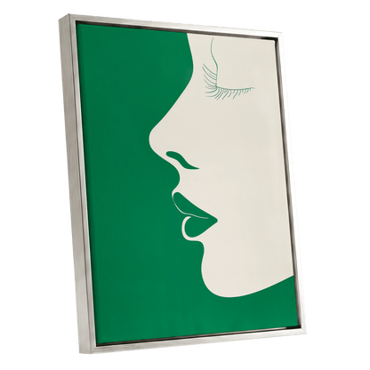 Emerald Profile, green, beige minimalist wall art shown as a silver framed canvas wall art