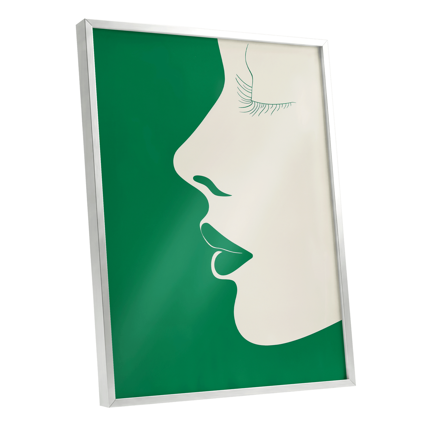 Emerald Profile, green, beige minimalist wall art shown as a silver framed poster wall art print