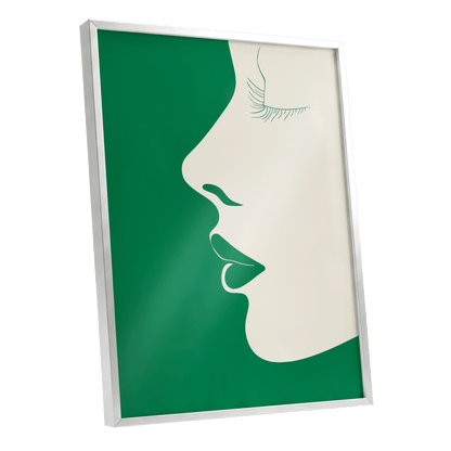 Emerald Profile, green, beige minimalist wall art shown as a silver framed poster wall art print