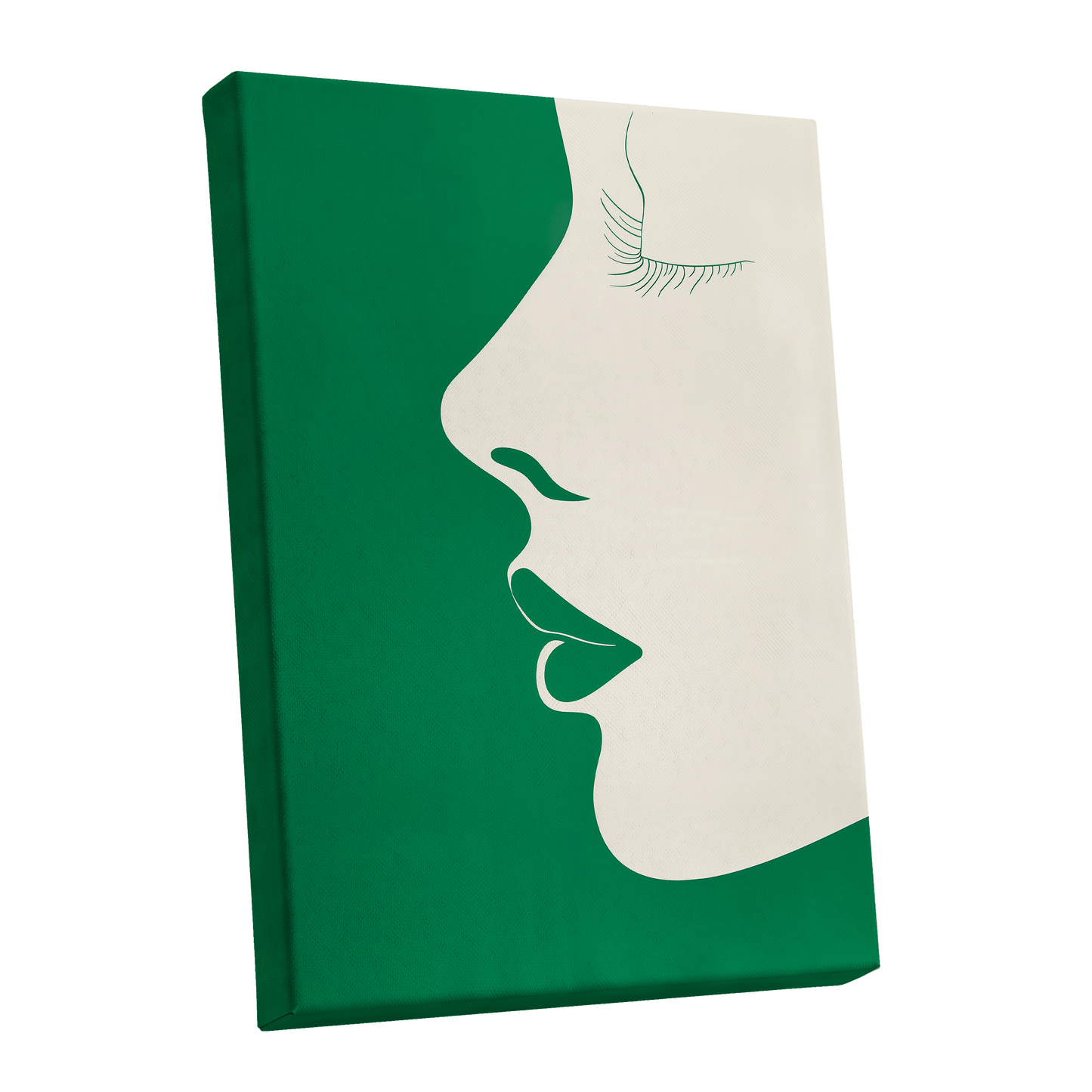 Emerald Profile, green, beige minimalist wall art shown as a stretched canvas wall art