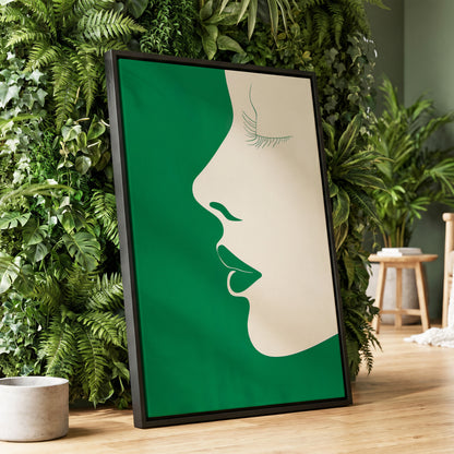 Emerald Profile, green, beige minimalist wall art displayed in a styled interior, gallery view 1