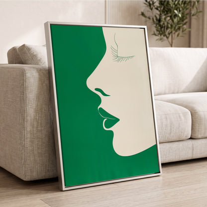 Emerald Profile, green, beige minimalist wall art displayed in a styled interior, gallery view 2