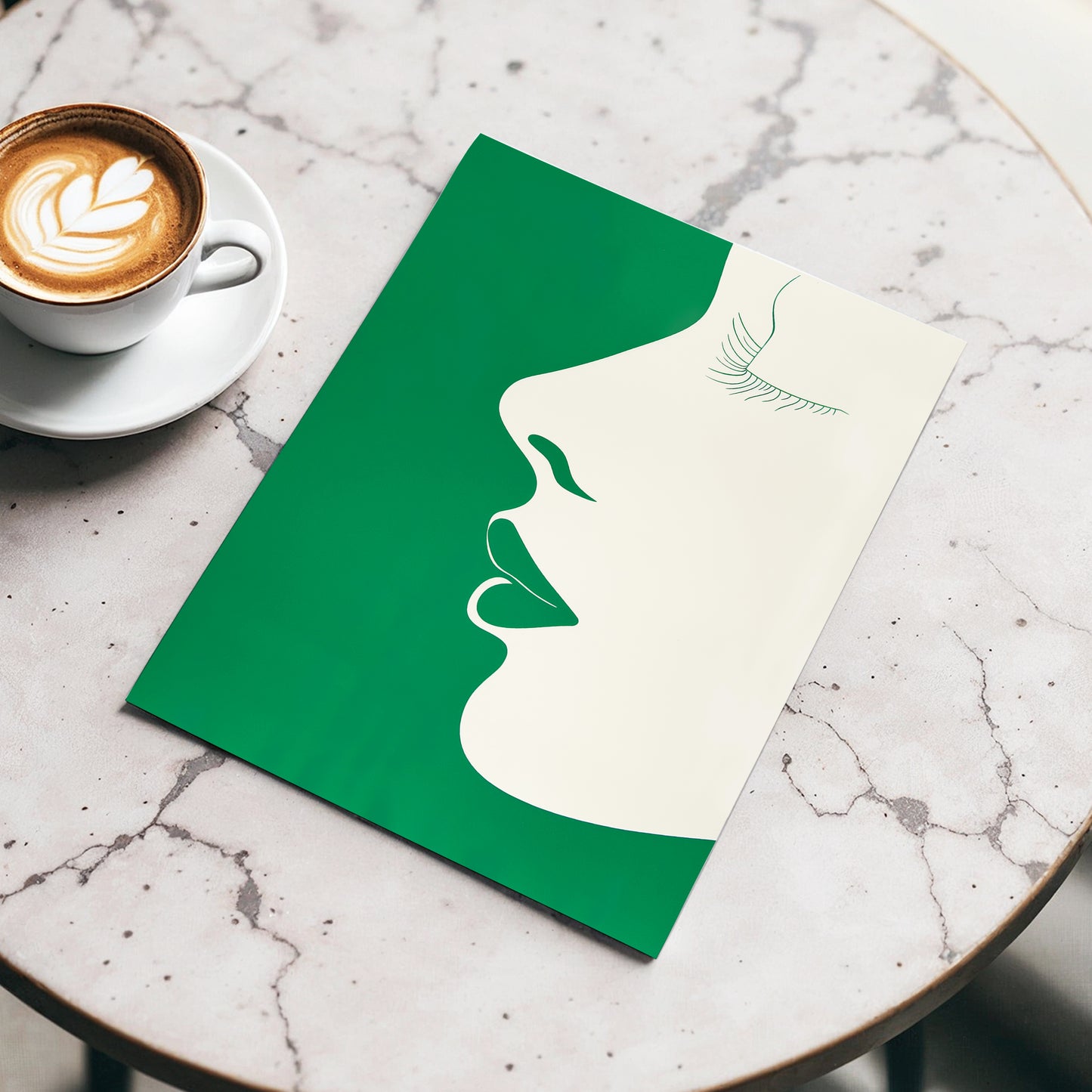 Emerald Profile, green, beige minimalist wall art displayed in a styled interior, gallery view 3