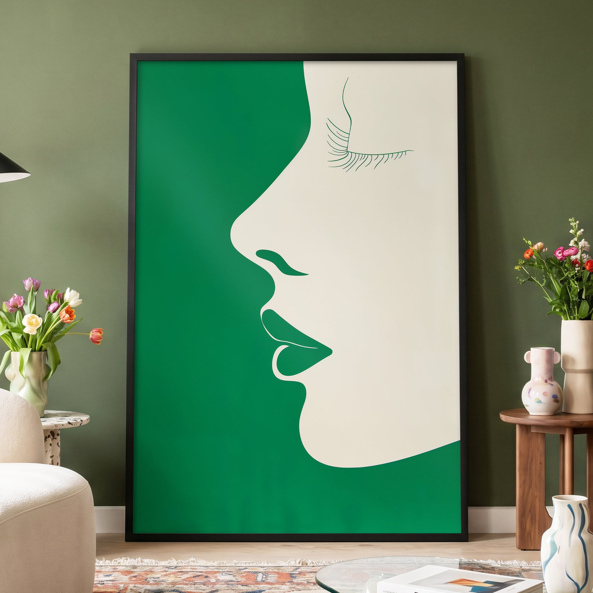 Emerald Profile, green, beige minimalist wall art displayed in a styled interior, gallery view 4