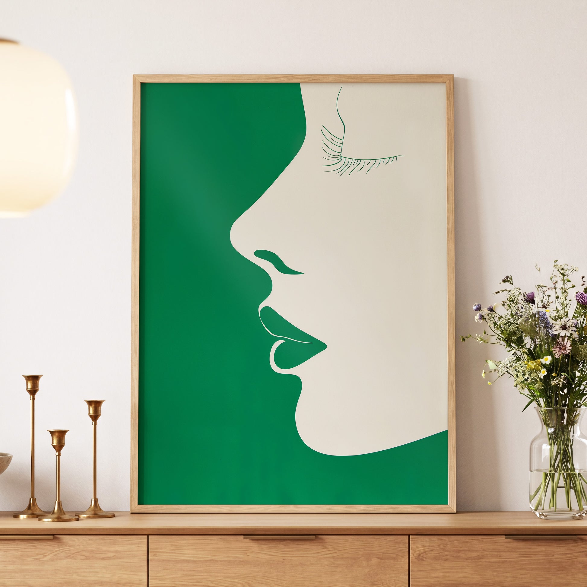 Emerald Profile, green, beige minimalist wall art displayed in a styled interior, gallery view 5
