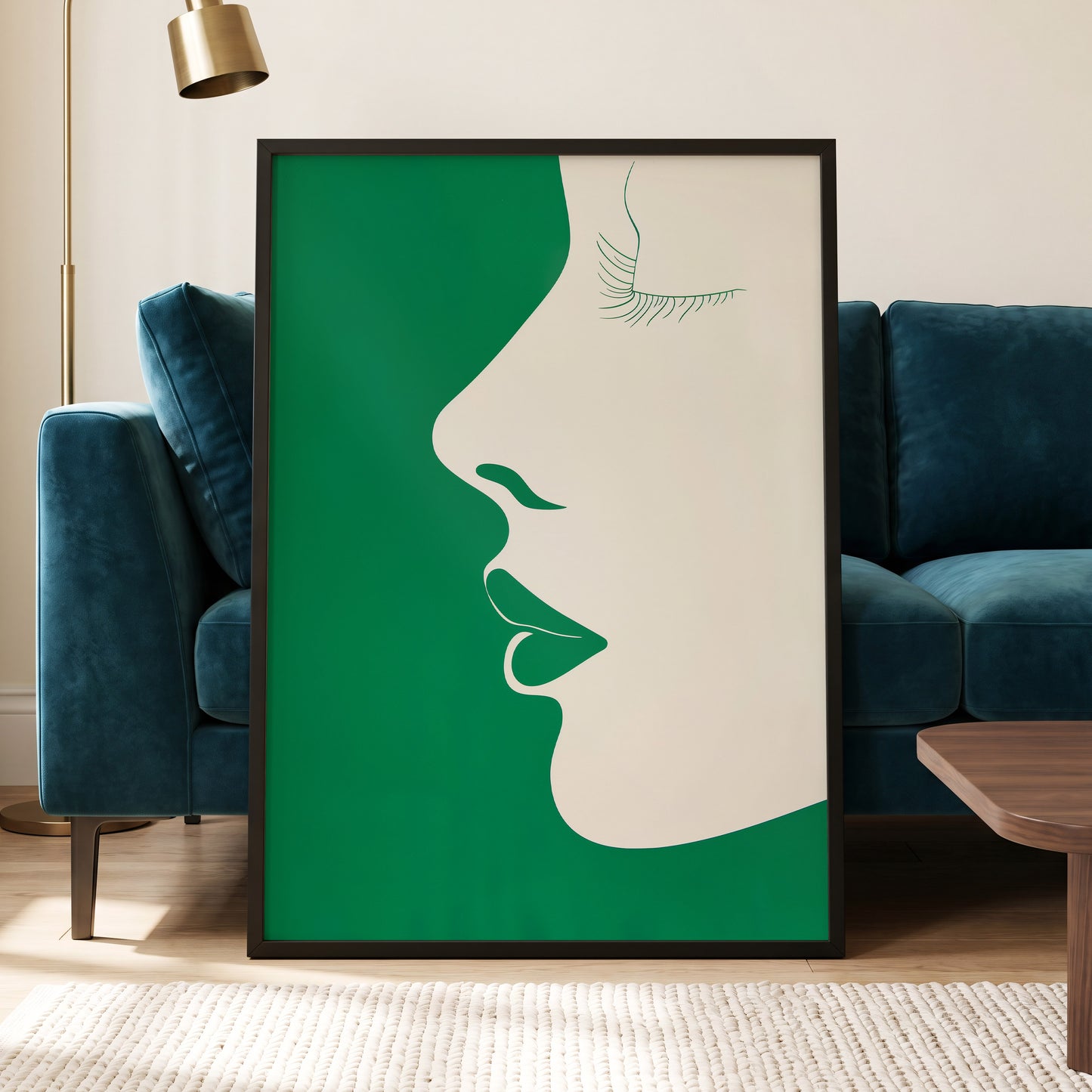 Emerald Profile, green, beige minimalist wall art displayed in a styled interior, gallery view 6
