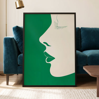 Emerald Profile, green, beige minimalist wall art displayed in a styled interior, gallery view 6