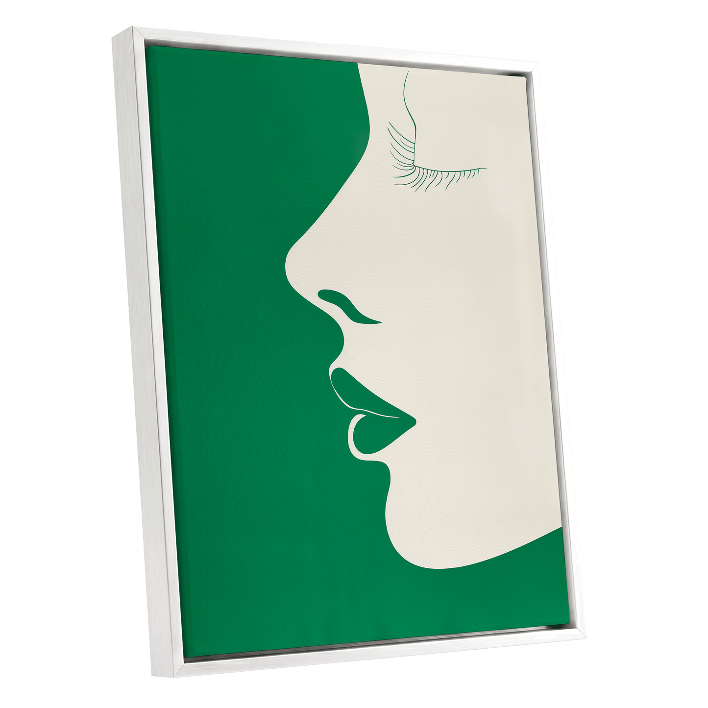 Emerald Profile, green, beige minimalist wall art shown as a white framed canvas wall art