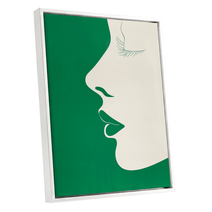Emerald Profile, green, beige minimalist wall art shown as a white framed canvas wall art