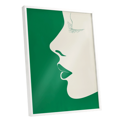 Emerald Profile, green, beige minimalist wall art shown as a white framed poster wall art print