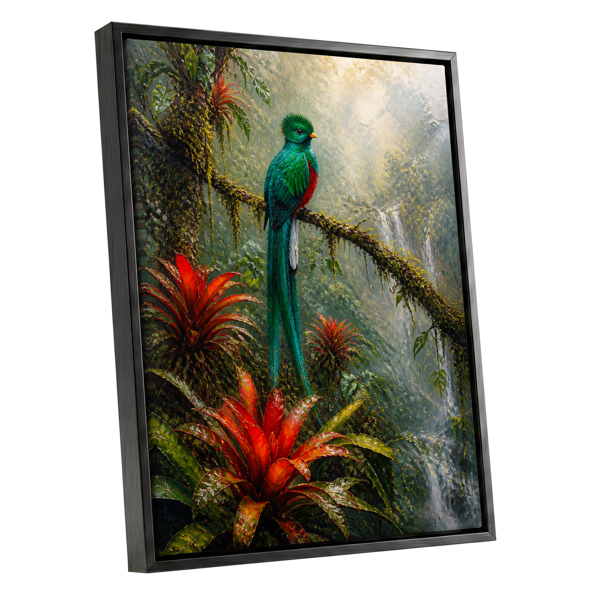 Emerald Rainforest, green, red, beige nature wall art shown as a black framed canvas wall art