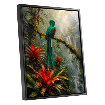 Emerald Rainforest, green, red, beige nature wall art shown as a black framed canvas wall art