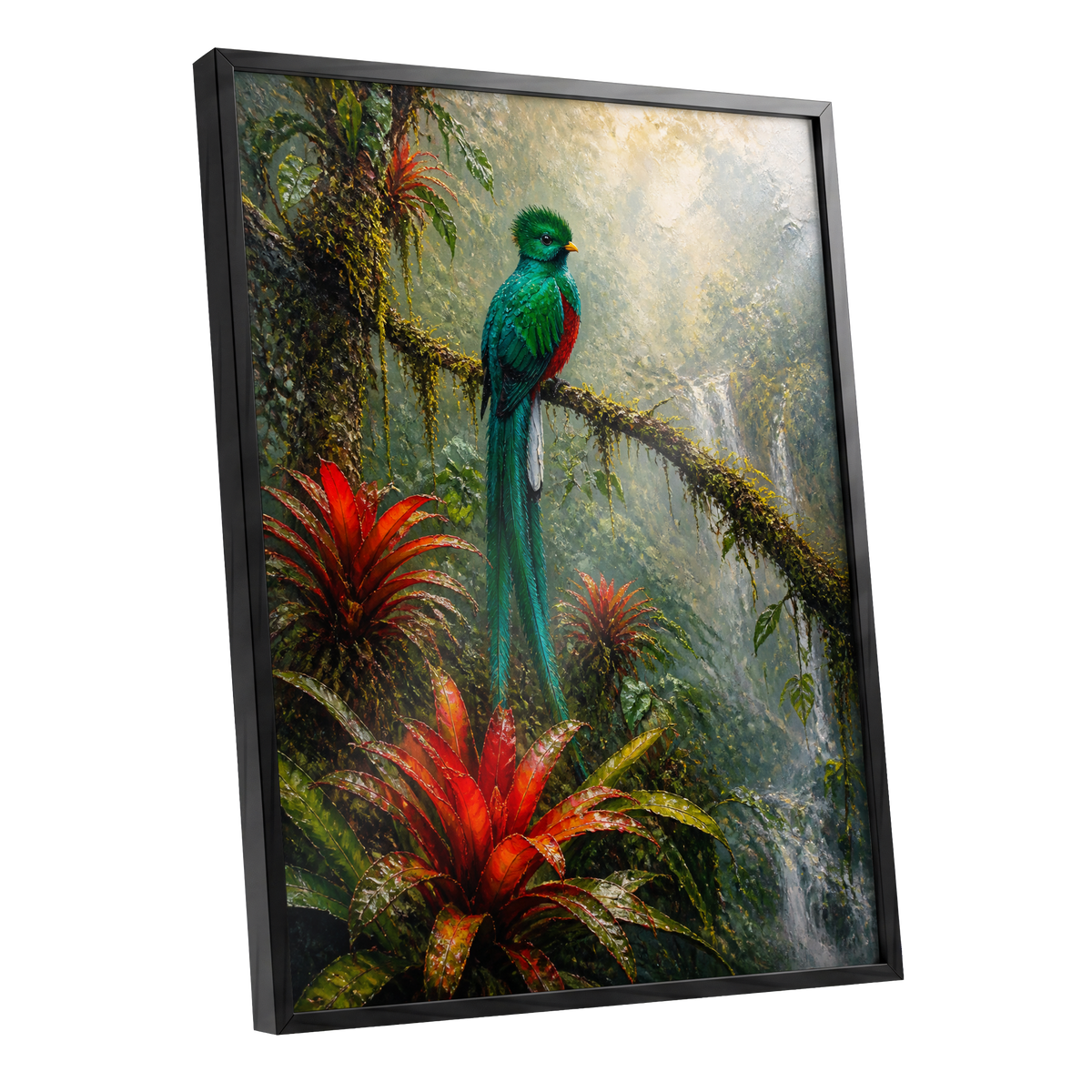 Emerald Rainforest, green, red, beige nature wall art shown as a black framed poster wall art print