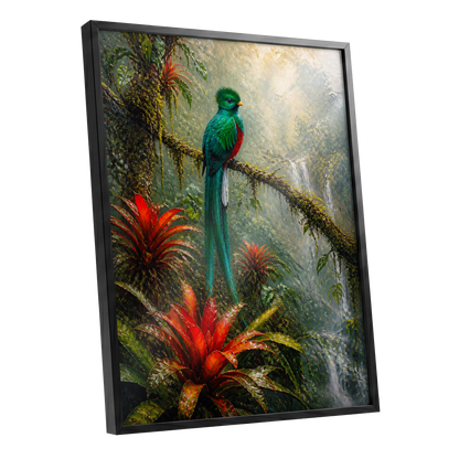 Emerald Rainforest, green, red, beige nature wall art shown as a black framed poster wall art print