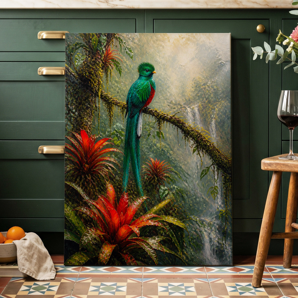 Emerald Rainforest, green, red, beige nature wall art on canvas displayed in a styled interior, gallery view 1