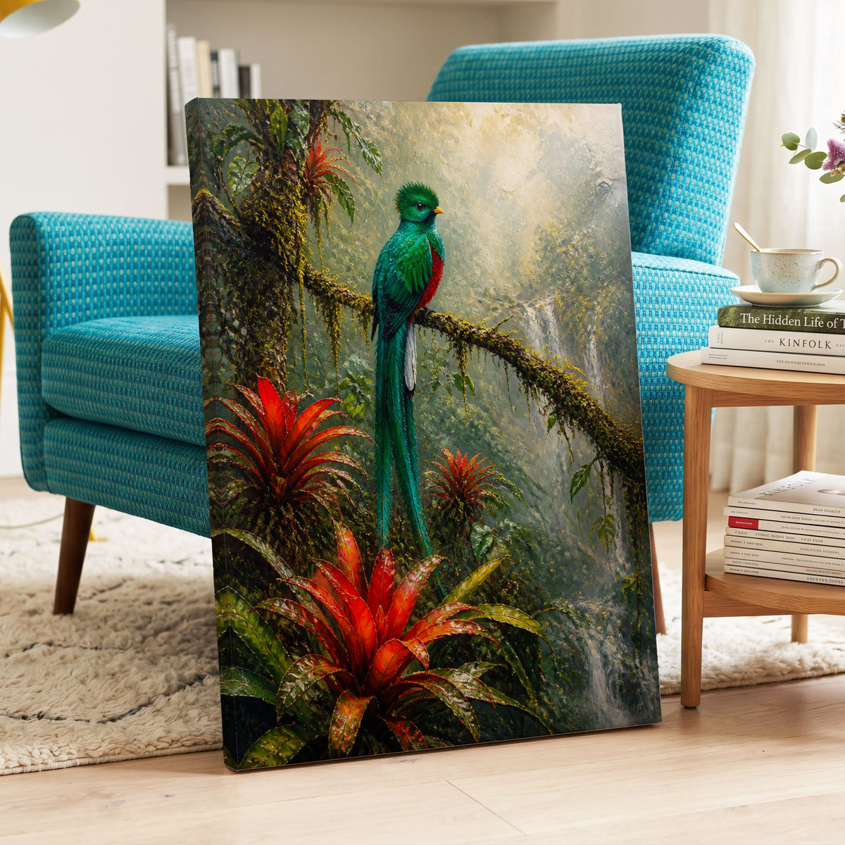 Emerald Rainforest, green, red, beige nature wall art on canvas displayed in a styled interior, gallery view 2