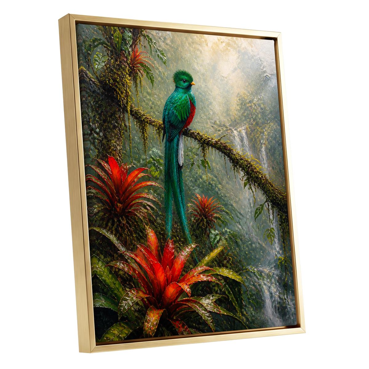 Emerald Rainforest, green, red, beige nature wall art shown as a gold framed canvas wall art