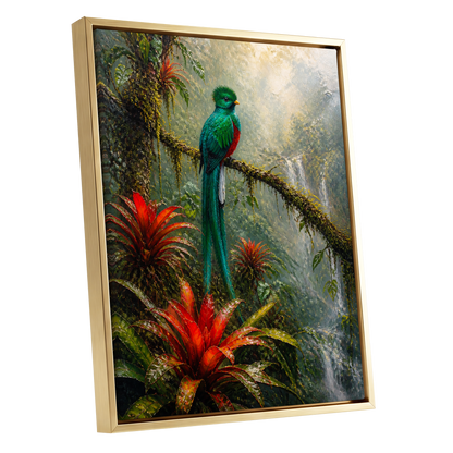 Emerald Rainforest, green, red, beige nature wall art shown as a gold framed canvas wall art