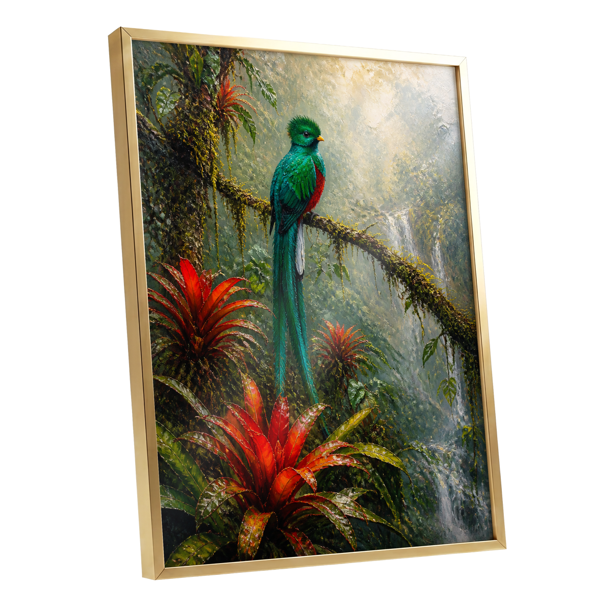 Emerald Rainforest, green, red, beige nature wall art shown as a gold framed poster wall art print