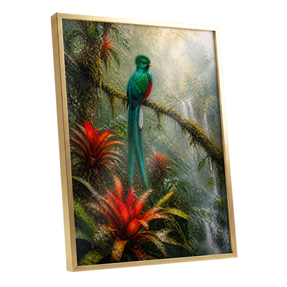 Emerald Rainforest, green, red, beige nature wall art shown as a gold framed poster wall art print