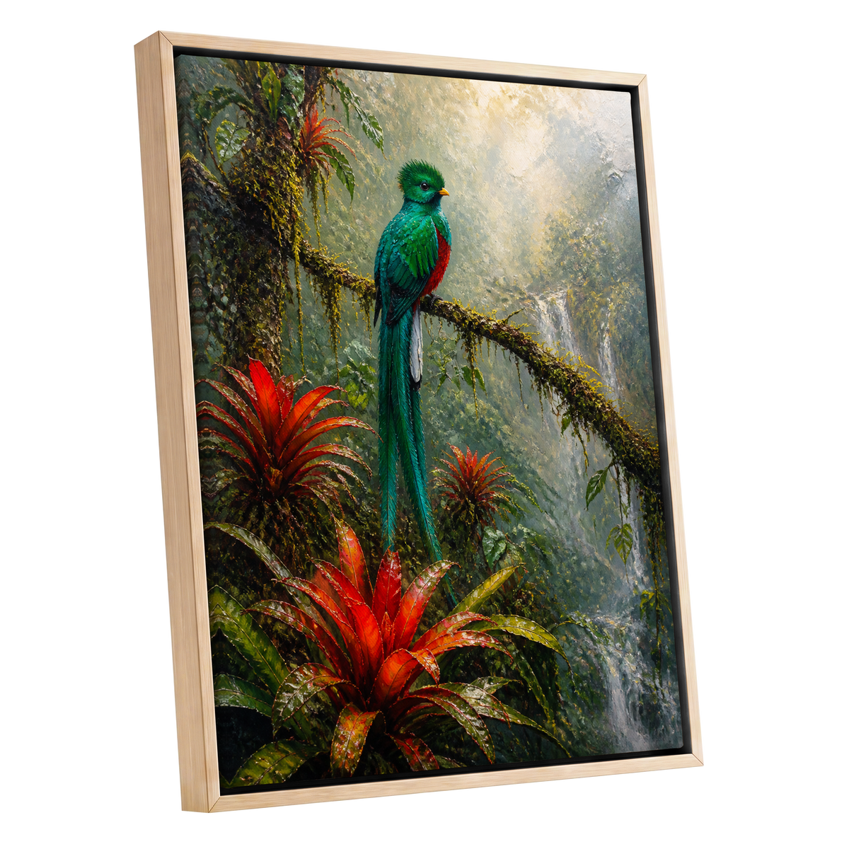 Emerald Rainforest, green, red, beige nature wall art shown as a oak framed canvas wall art