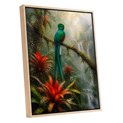Emerald Rainforest, green, red, beige nature wall art shown as a oak framed canvas wall art