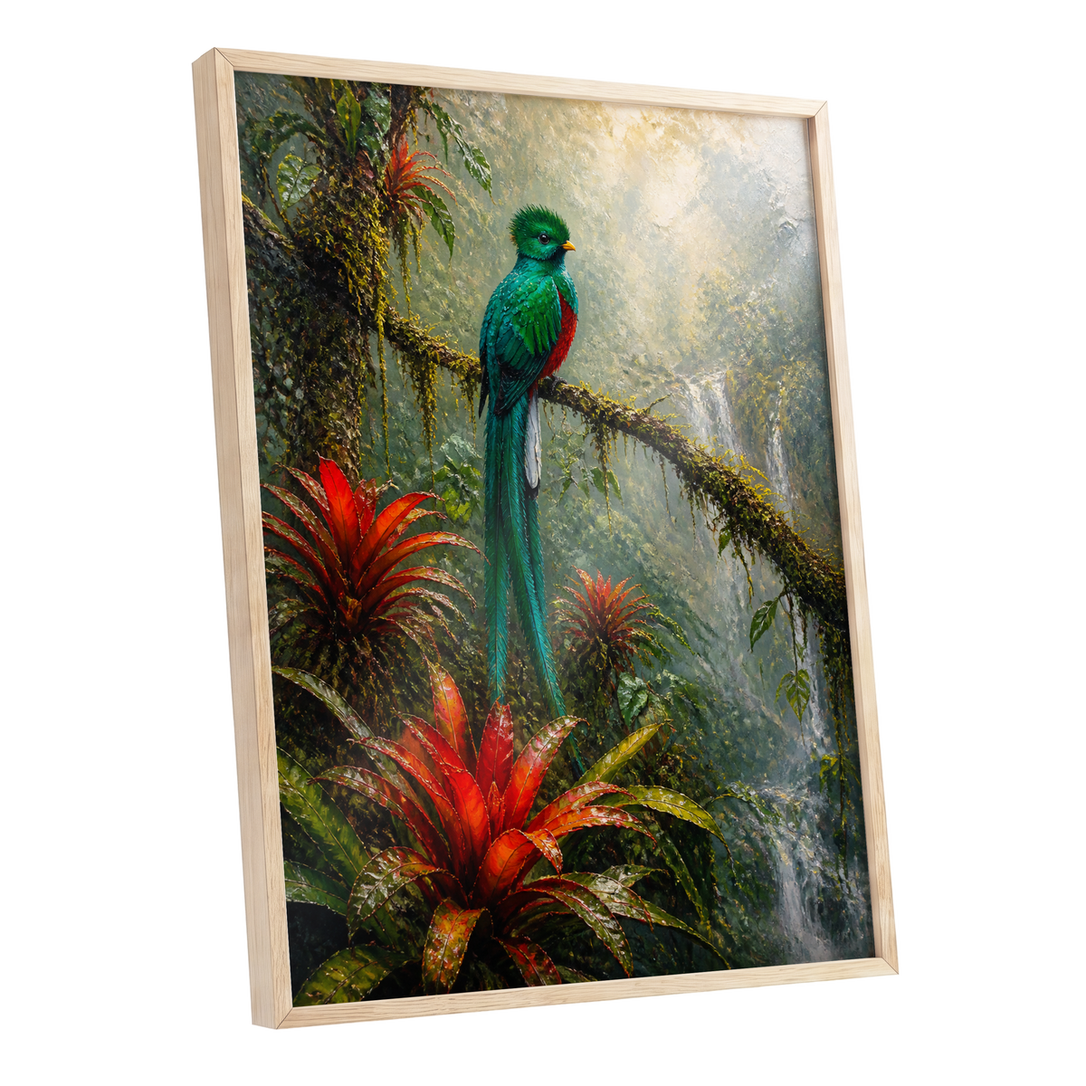 Emerald Rainforest, green, red, beige nature wall art shown as a oak framed poster wall art print