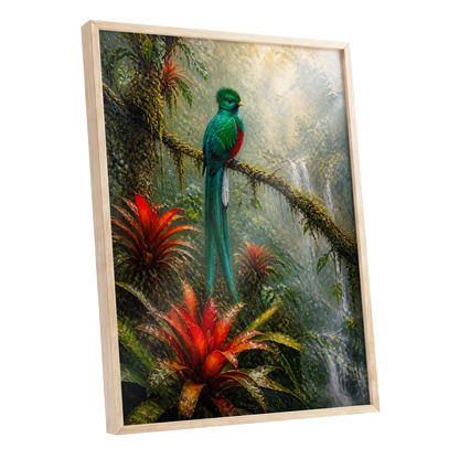 Emerald Rainforest, green, red, beige nature wall art shown as a oak framed poster wall art print
