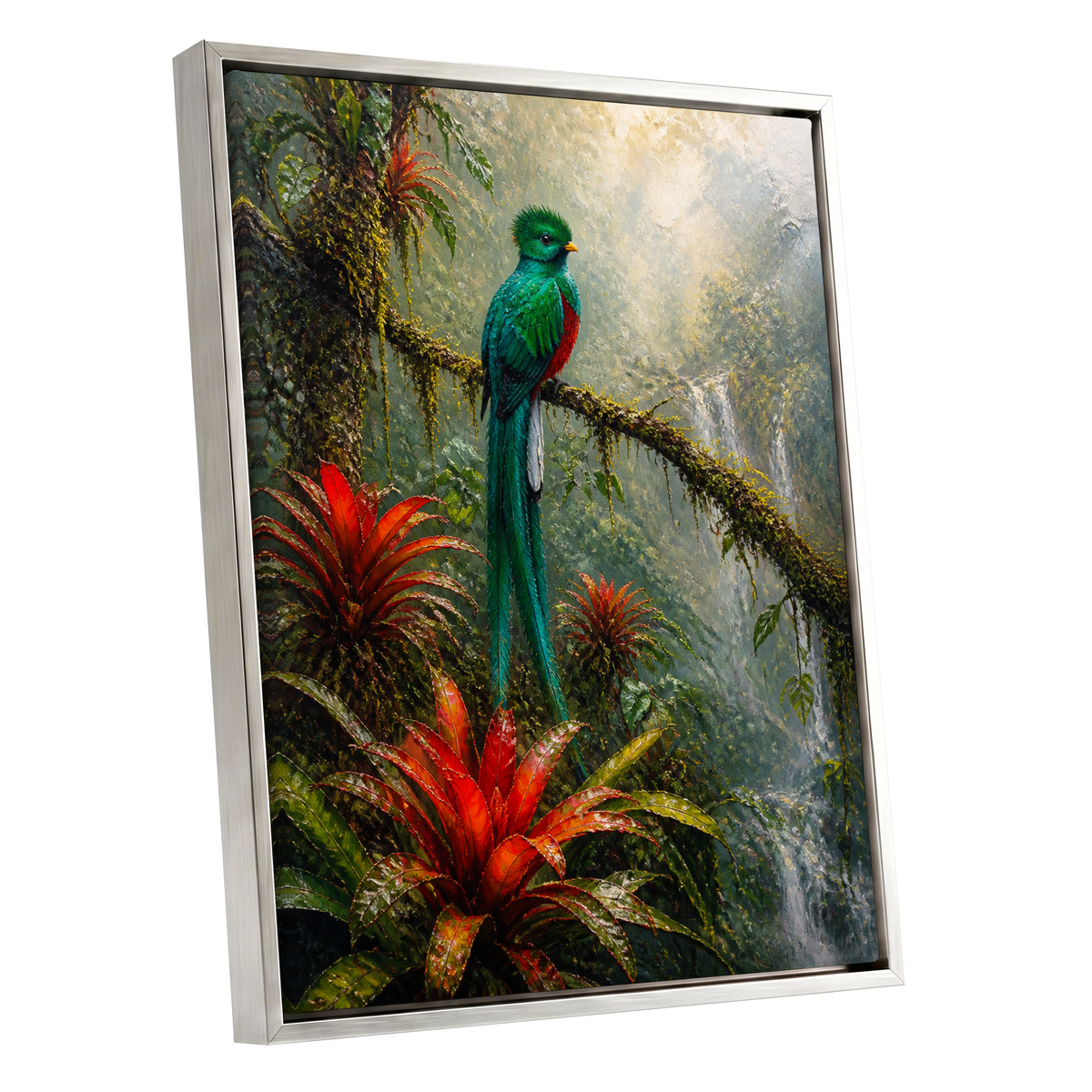 Emerald Rainforest, green, red, beige nature wall art shown as a silver framed canvas wall art