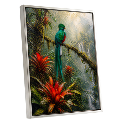Emerald Rainforest, green, red, beige nature wall art shown as a silver framed canvas wall art