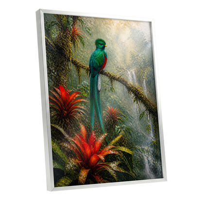 Emerald Rainforest, green, red, beige nature wall art shown as a silver framed poster wall art print