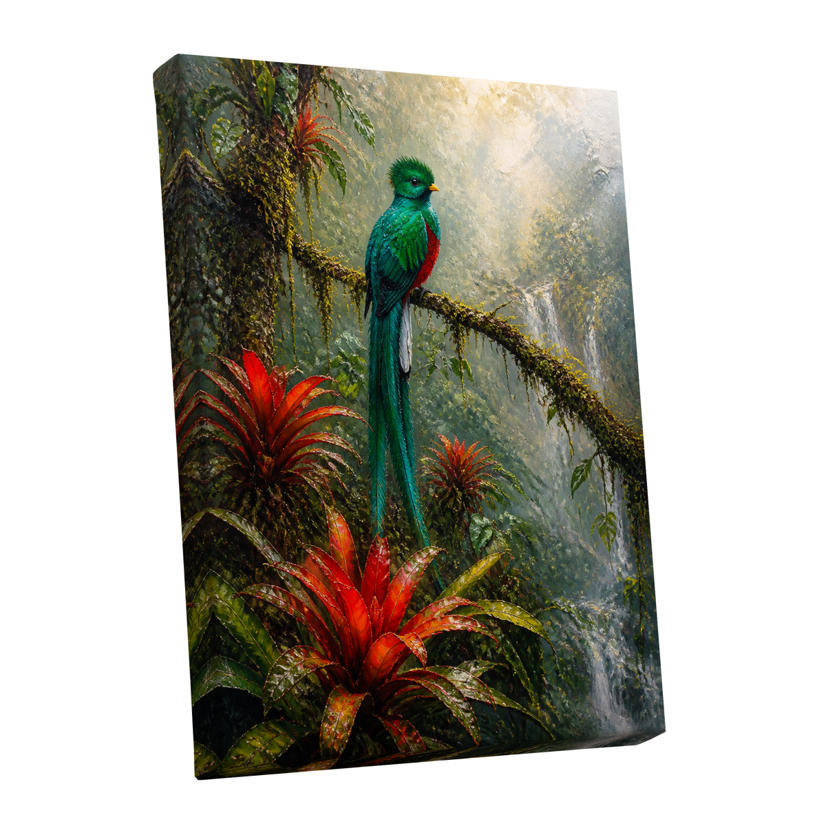 Emerald Rainforest, green, red, beige nature wall art shown as a stretched canvas wall art