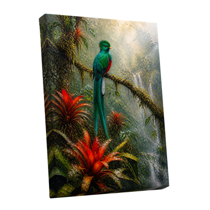 Emerald Rainforest, green, red, beige nature wall art shown as a stretched canvas wall art