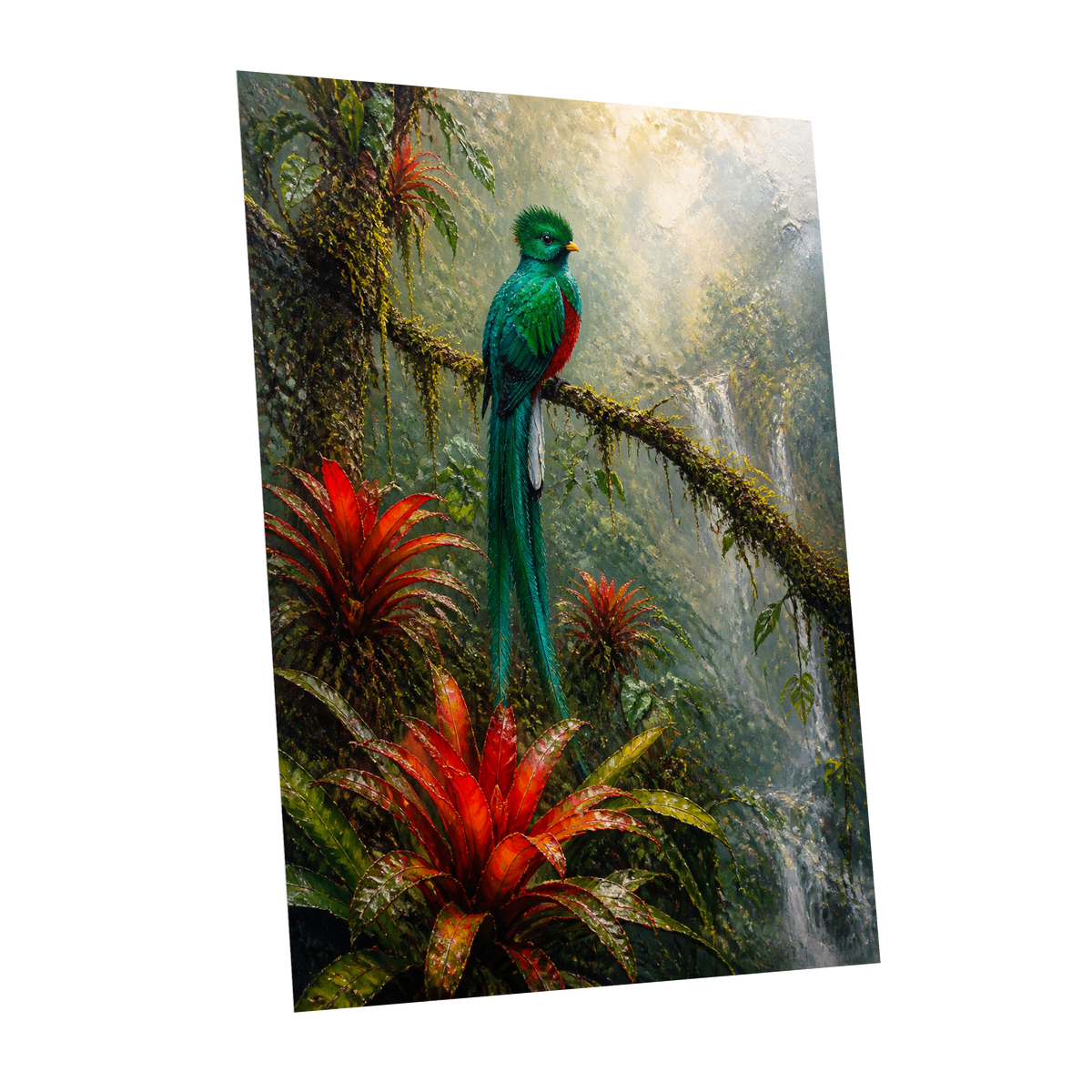 Emerald Rainforest, green, red, beige nature wall art shown as a unframed poster wall art print