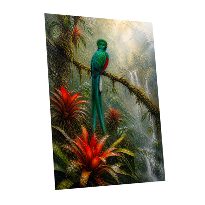 Emerald Rainforest, green, red, beige nature wall art shown as a unframed poster wall art print