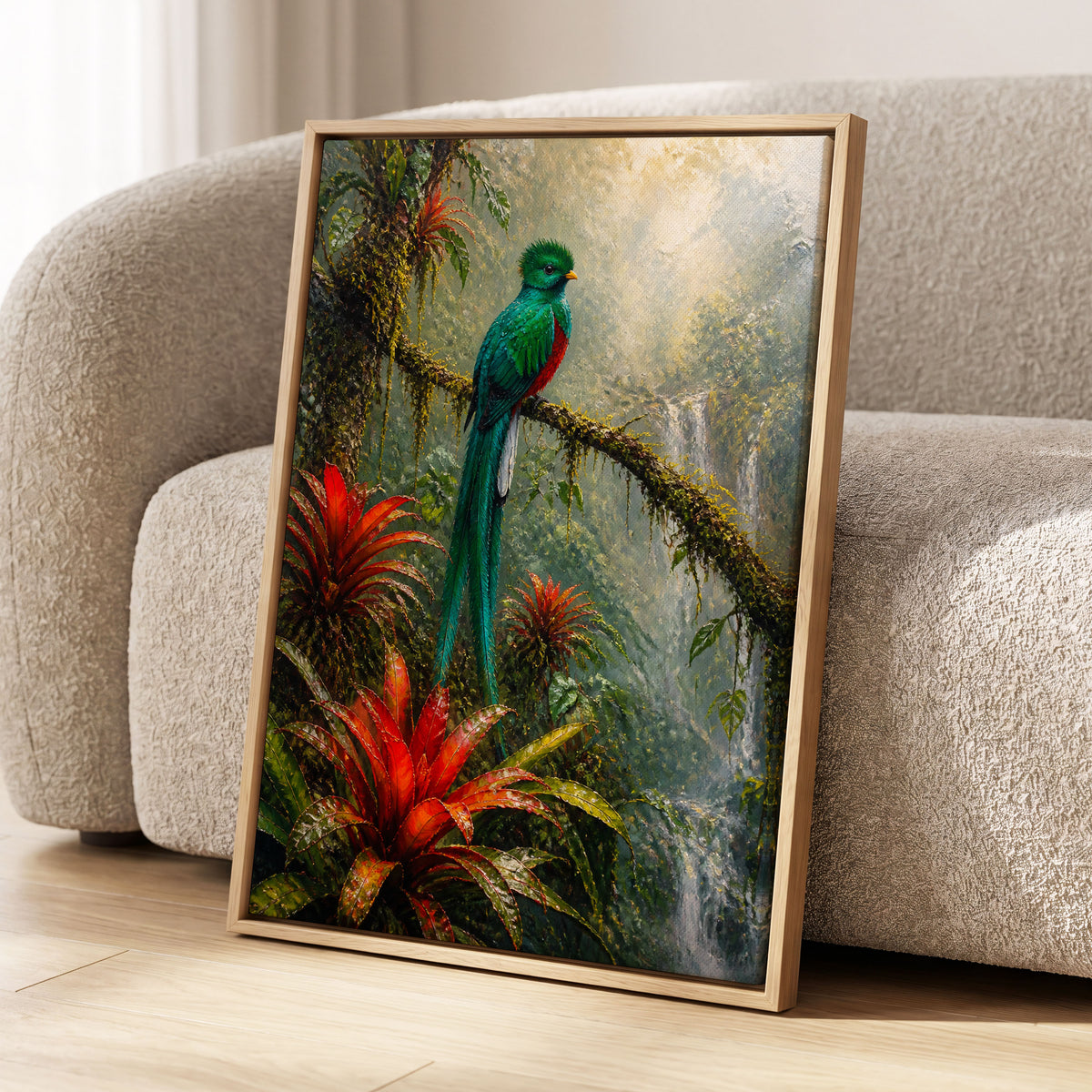 Emerald Rainforest, green, red, beige nature wall art displayed in a styled interior, gallery view 1